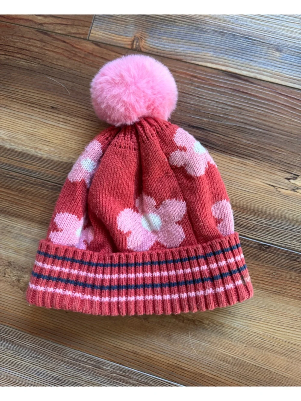 Small kids Pink Floral Pom Pom Beanie Hat